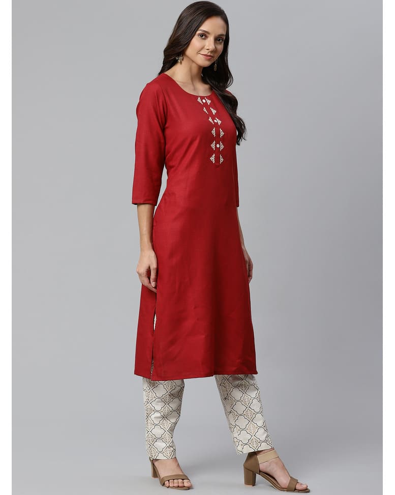 Cotton Mix Embroidered Straight Kurta view 11