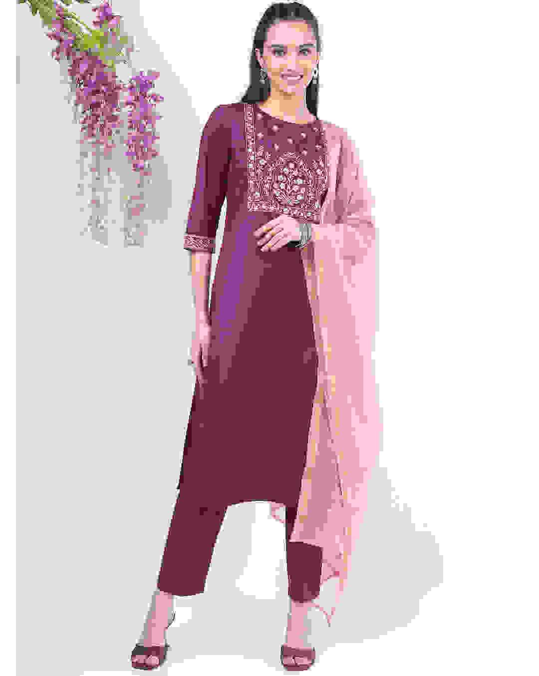 Polyester Embroidered Ethnic Pants SuitSet