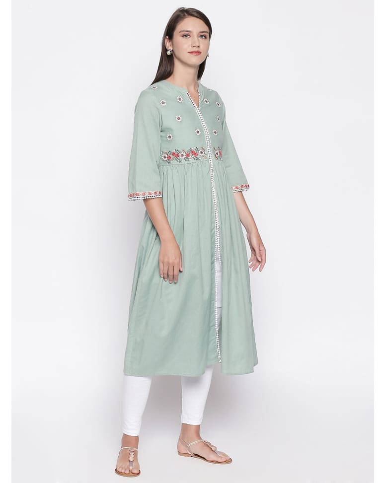Cotton Embroidered Flared Kurta view 8