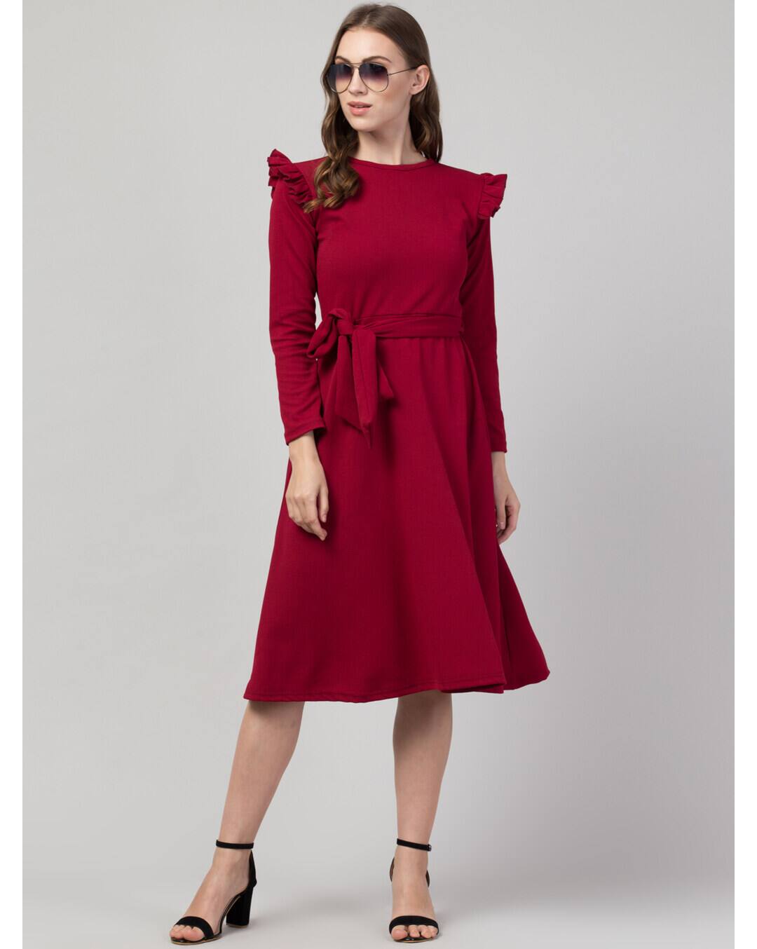 Cotton Solid Midi  A-line Dress