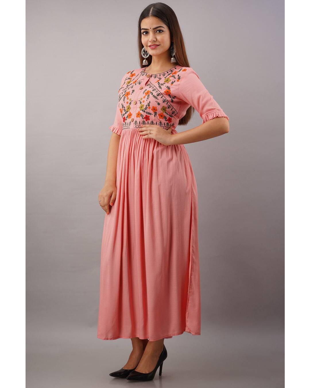 Rayon Embroidered Flared Kurta view 3