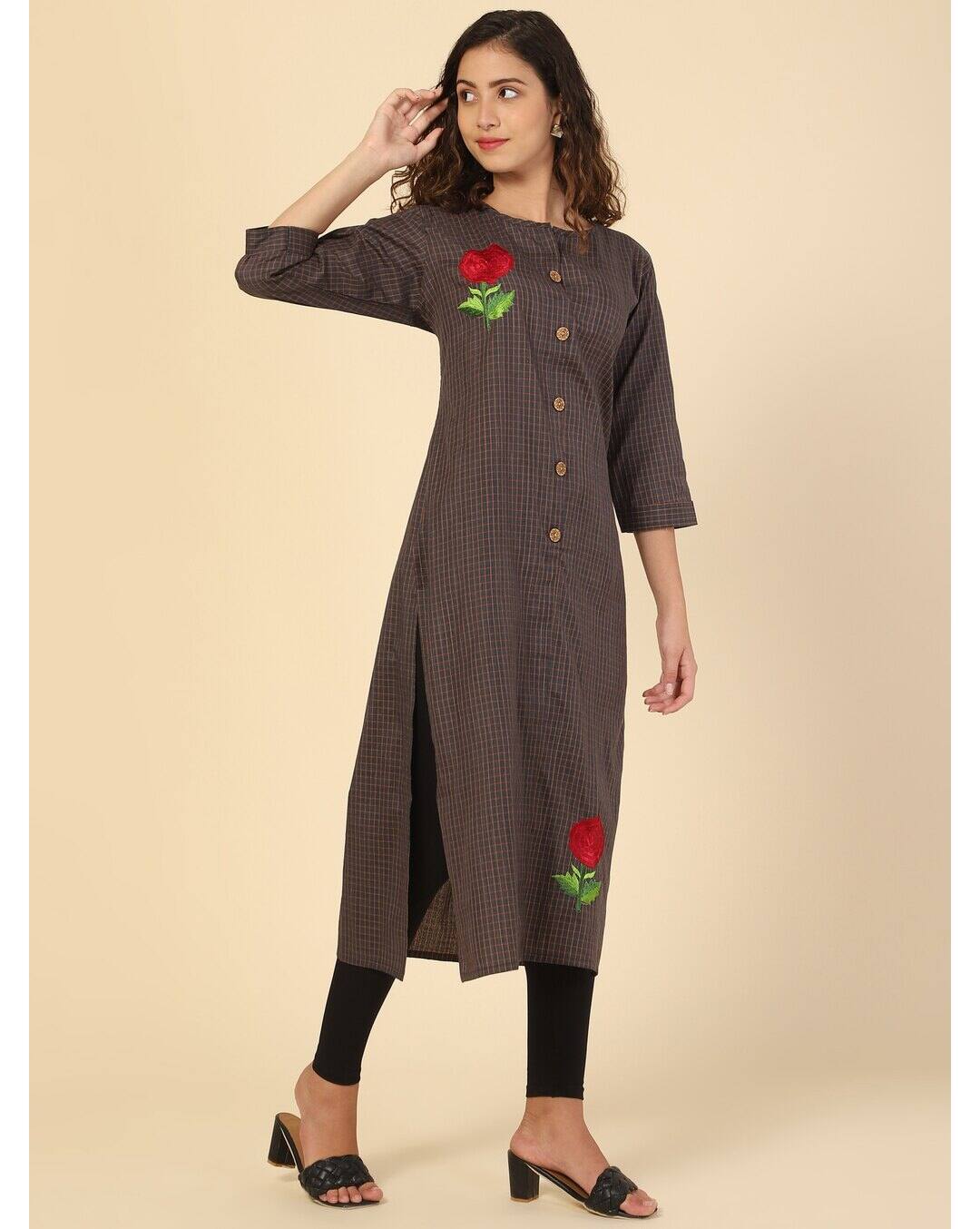 Cotton Checks Straight Kurta view 3
