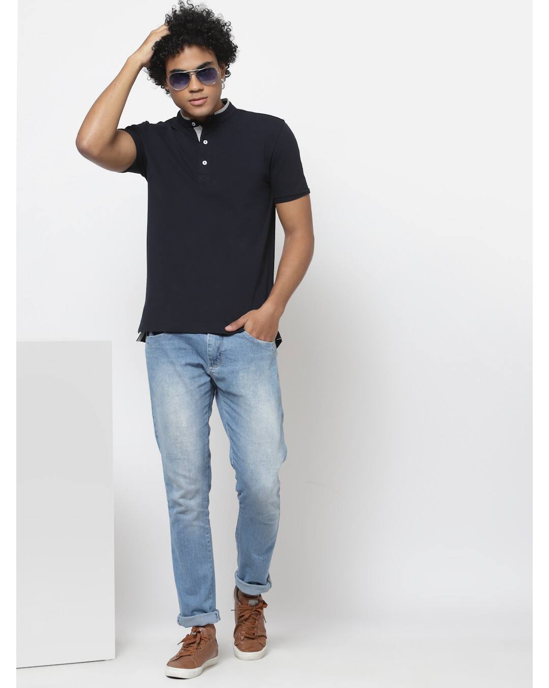 Knit Solid Regular Fit Henley Neck T-Shirt view 3