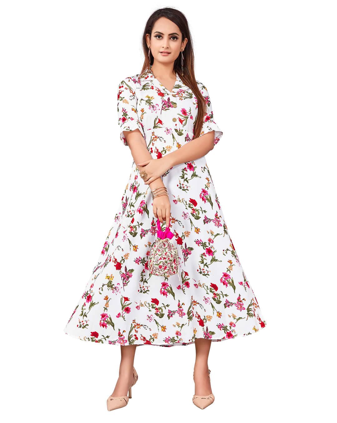 Crepe Printed  Midi Gown Dress