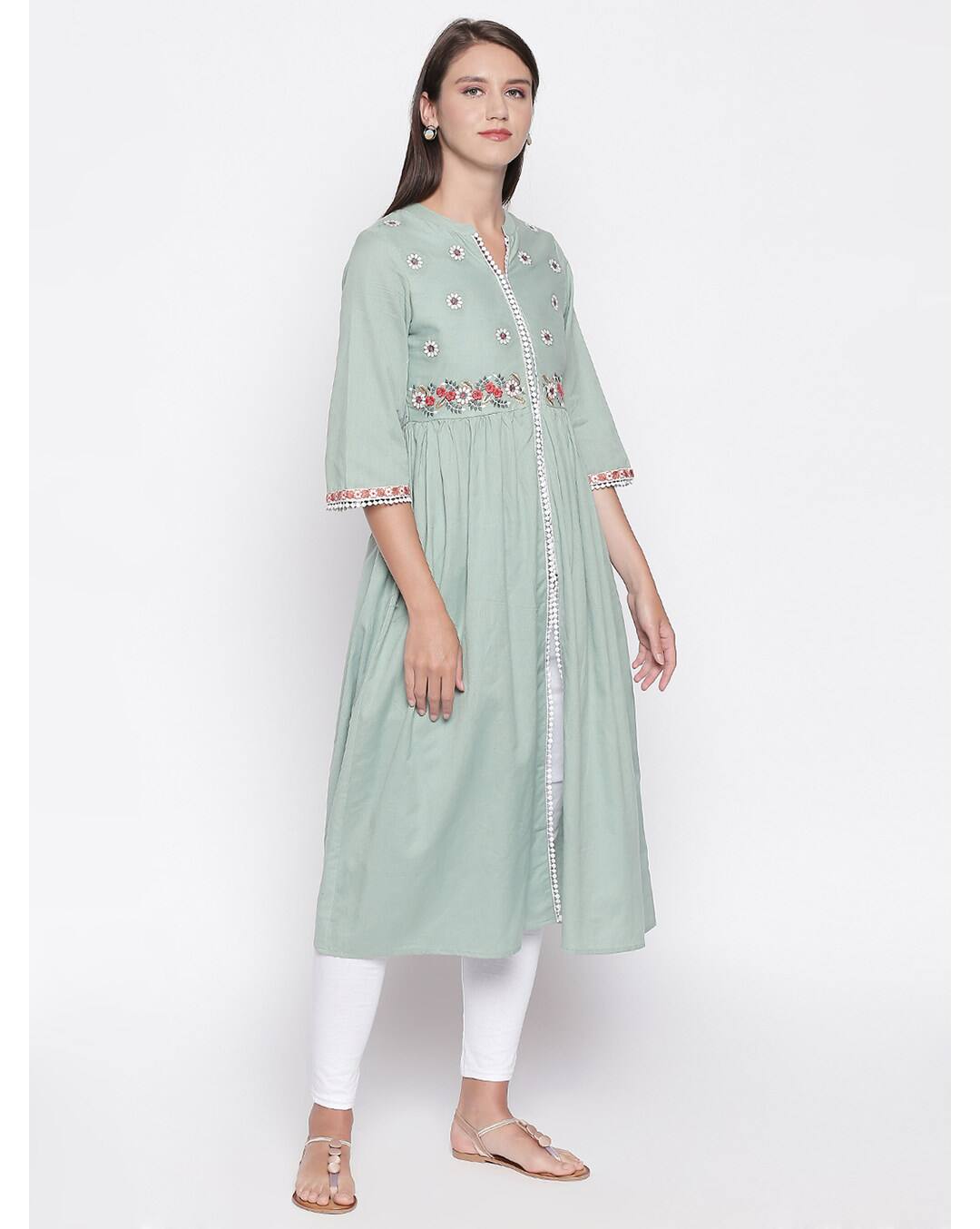 Cotton Embroidered Flared Kurta view 3