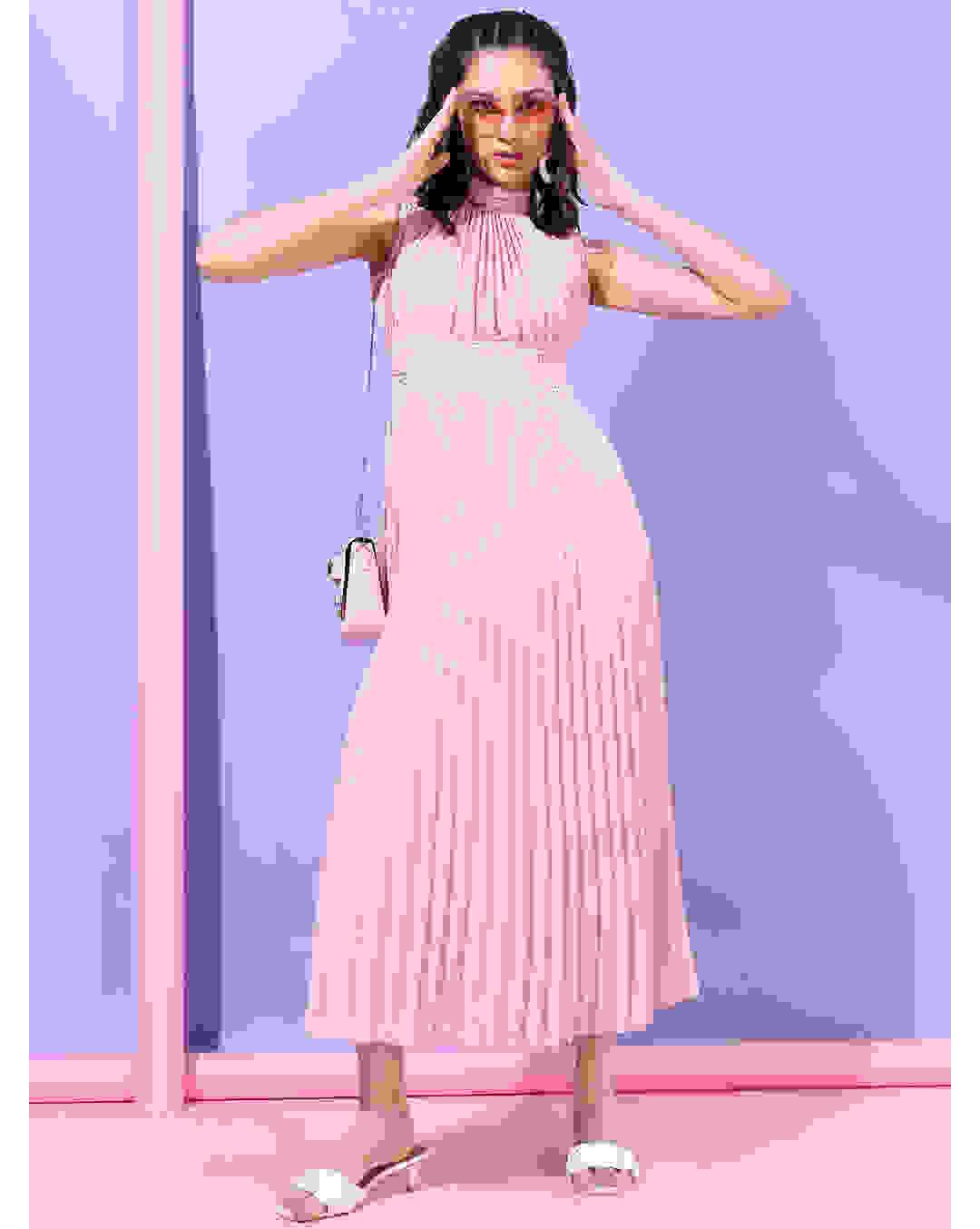 Polyester Solid Fit and Flared Dress