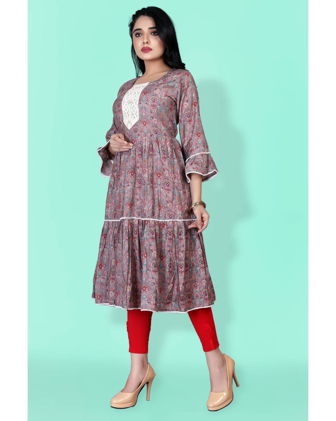 Chanderi Foil Print Anarkali Kurta view 3