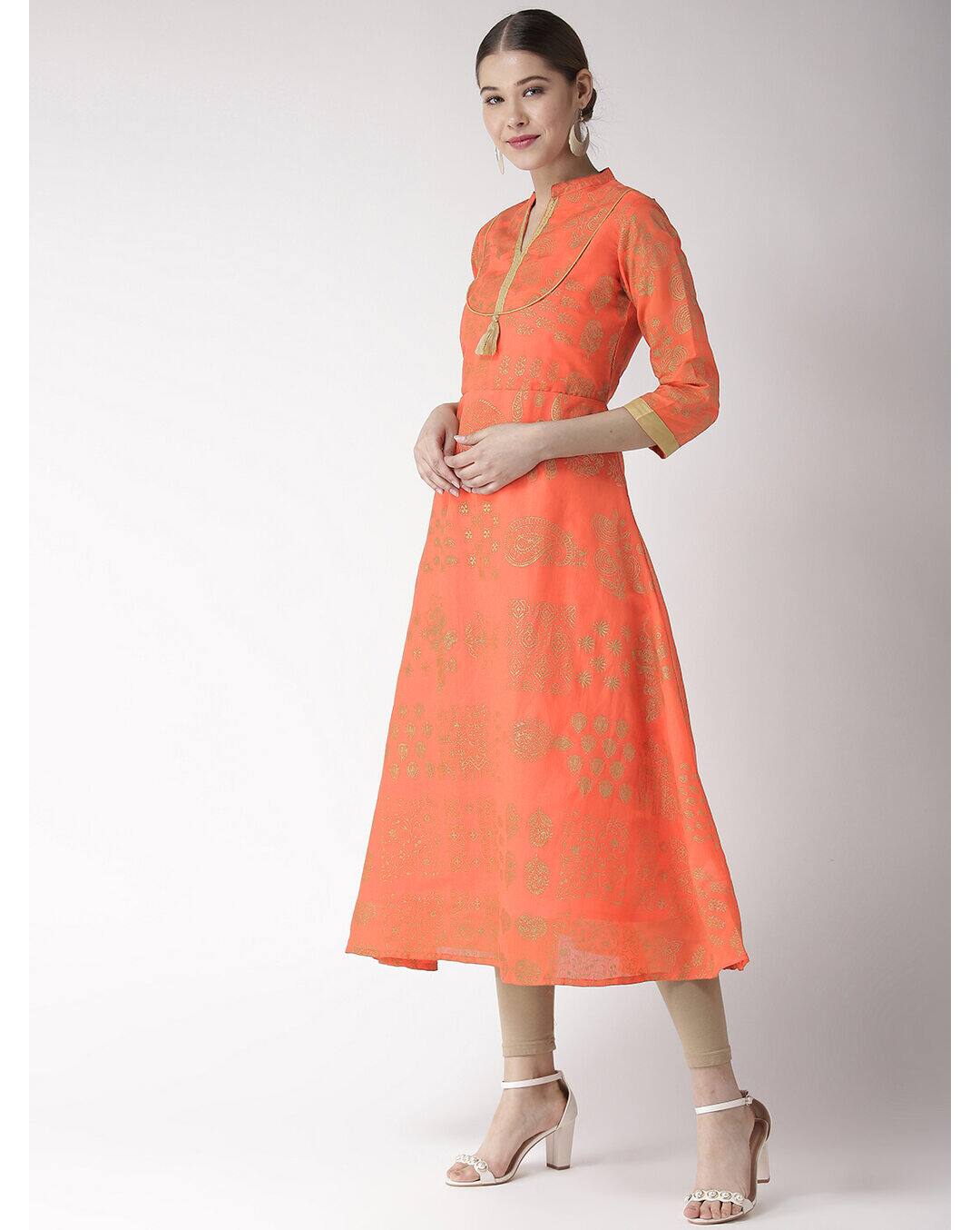 Chanderi Printed Flared Kurta view 3