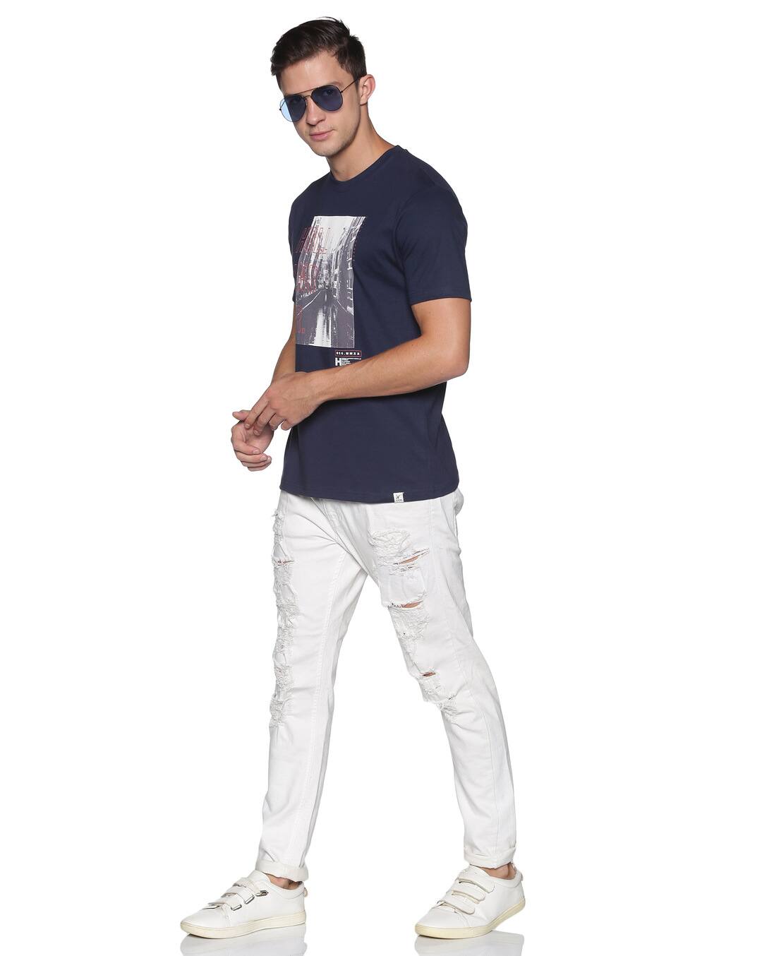 Cotton Printed Regular Fit Round Tshirts view 4
