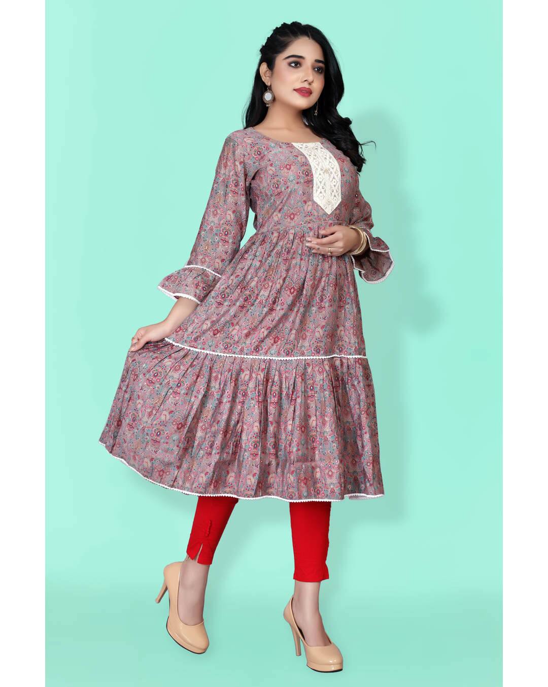 Chanderi Foil Print Anarkali Kurta view 4