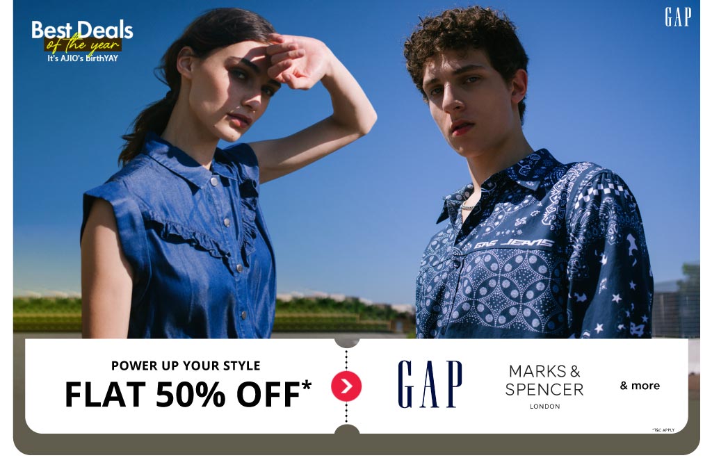 AJIO on X: Fun, fresh styles from GAP to get your jam on – at min. 50% off  at the AJIO Big Birthday Bash! Top 5 shoppers get AJIO points worth 10,0000.