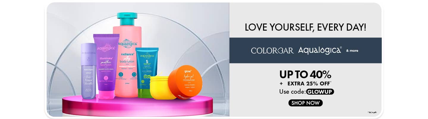Up to forty percent off and extra twenty five percent off Aqualogica and Colorbar products with code GLOWUP.