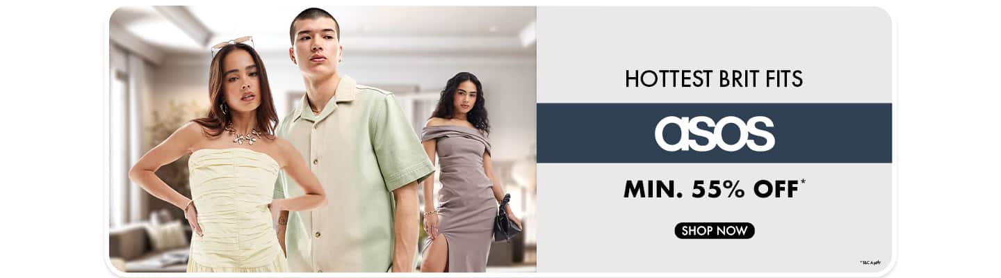 Minimum fifty five percent off Hottest Brit Fits from ASOS. Models wear a yellow dress, green shirt, and grey dress.
