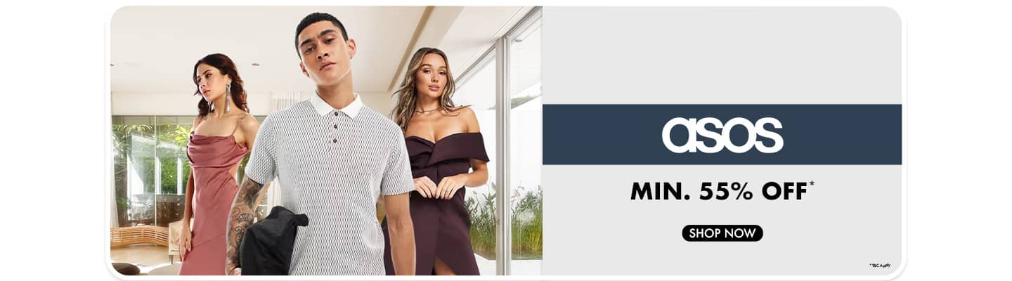 ASOS banner: Minimum fifty five percent off. Shop now.