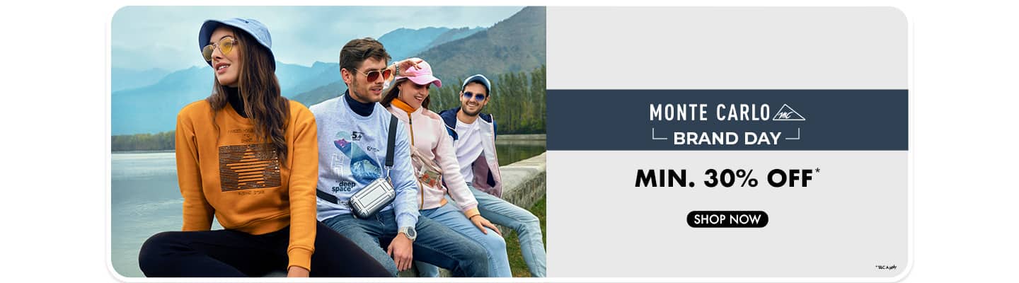 Minimum thirty percent off Monte Carlo Brand Day. Four models wearing casual brand apparel. Shop now.