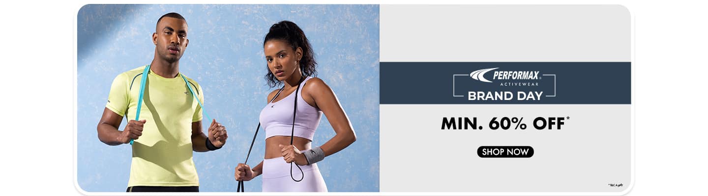 Minimum sixty percent off Performax Activewear for Brand Day. Man and woman in activewear.
