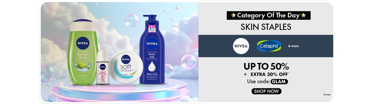 Up to fifty percent off plus extra thirty percent off with code GLAM on Nivea and Cetaphil Skin Staples.