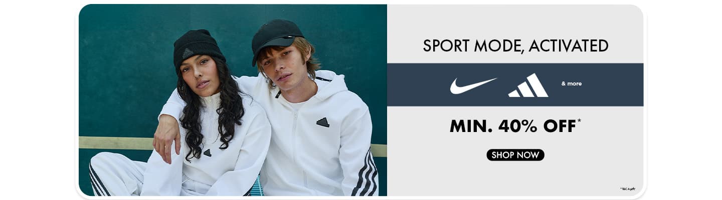 Sportswear sale with minimum forty percent off from Nike, Adidas, and other brands.