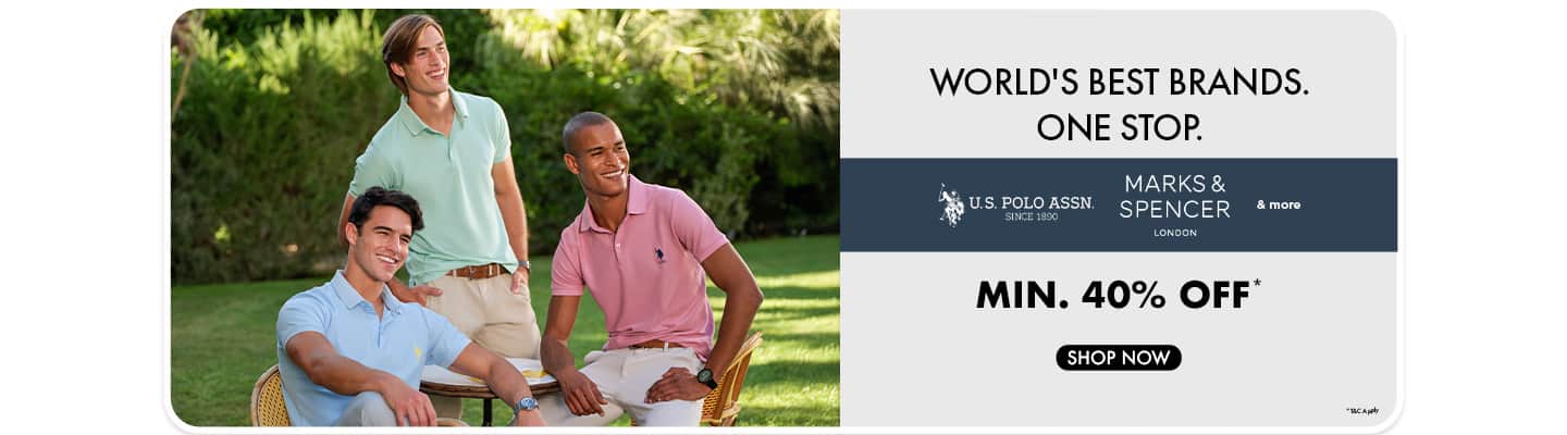 Minimum forty percent off men's polo shirts from top brands like US Polo Association and Marks and Spencer.