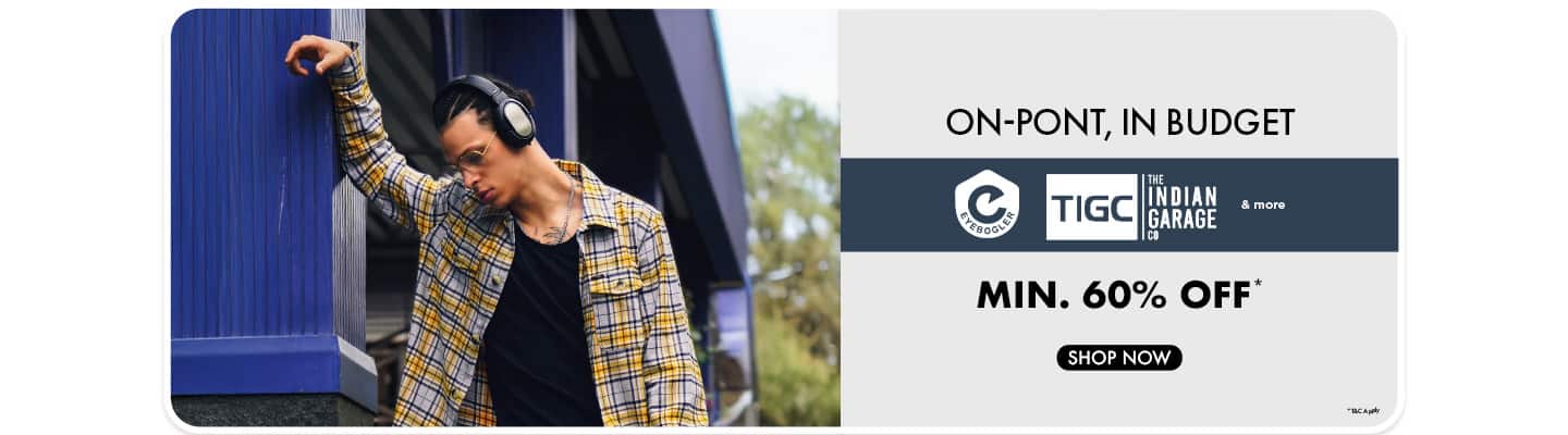 Minimum sixty percent off. Shop fashion from Eyebogler, The Indian Garage Co, and more. Man in a yellow plaid shirt and headphones.
