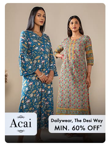 Minimum sixty percent off Acai dailywear, the Desi way. Two women model patterned kurtis.
