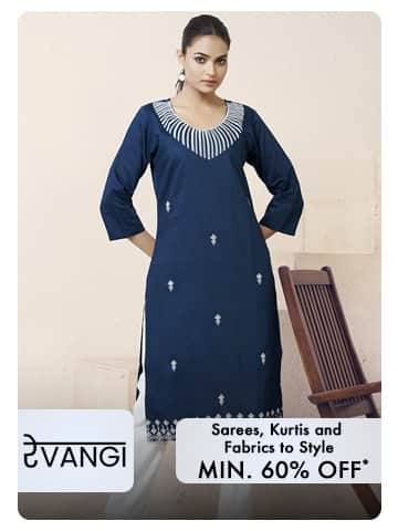 Minimum sixty percent off Devangi sarees, kurtis, and fabrics. Shop now.