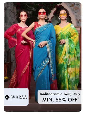 Minimum fifty five percent off. Svaraa sarees. Three women in red, blue, and yellow green tie dye sarees with sunglasses.