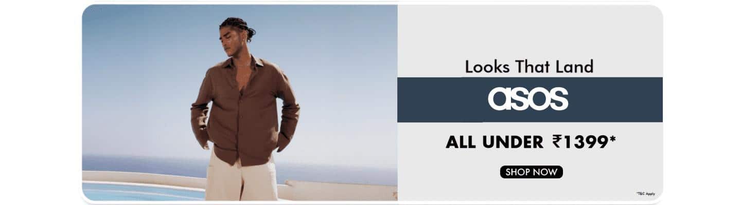 All looks under 1399 rupees from ASOS, featuring a man in a brown shirt and light pants.