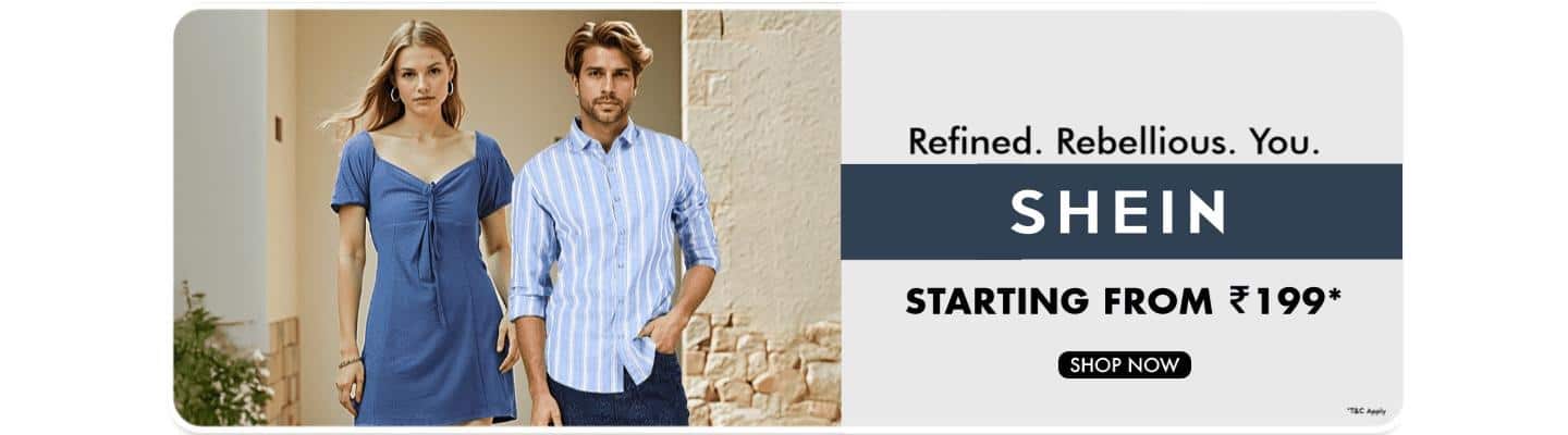 SHEIN sale starting from 199 rupees. Features a woman in a blue dress and a man in a blue striped shirt. Terms apply.