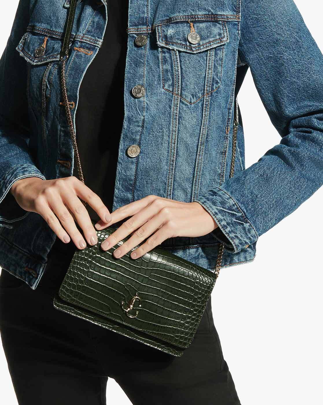 Jimmy Choo Green Embossed Leather Palace Chain Clutch
