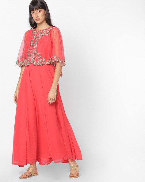 Embroidered Maxi Dress with Overlay