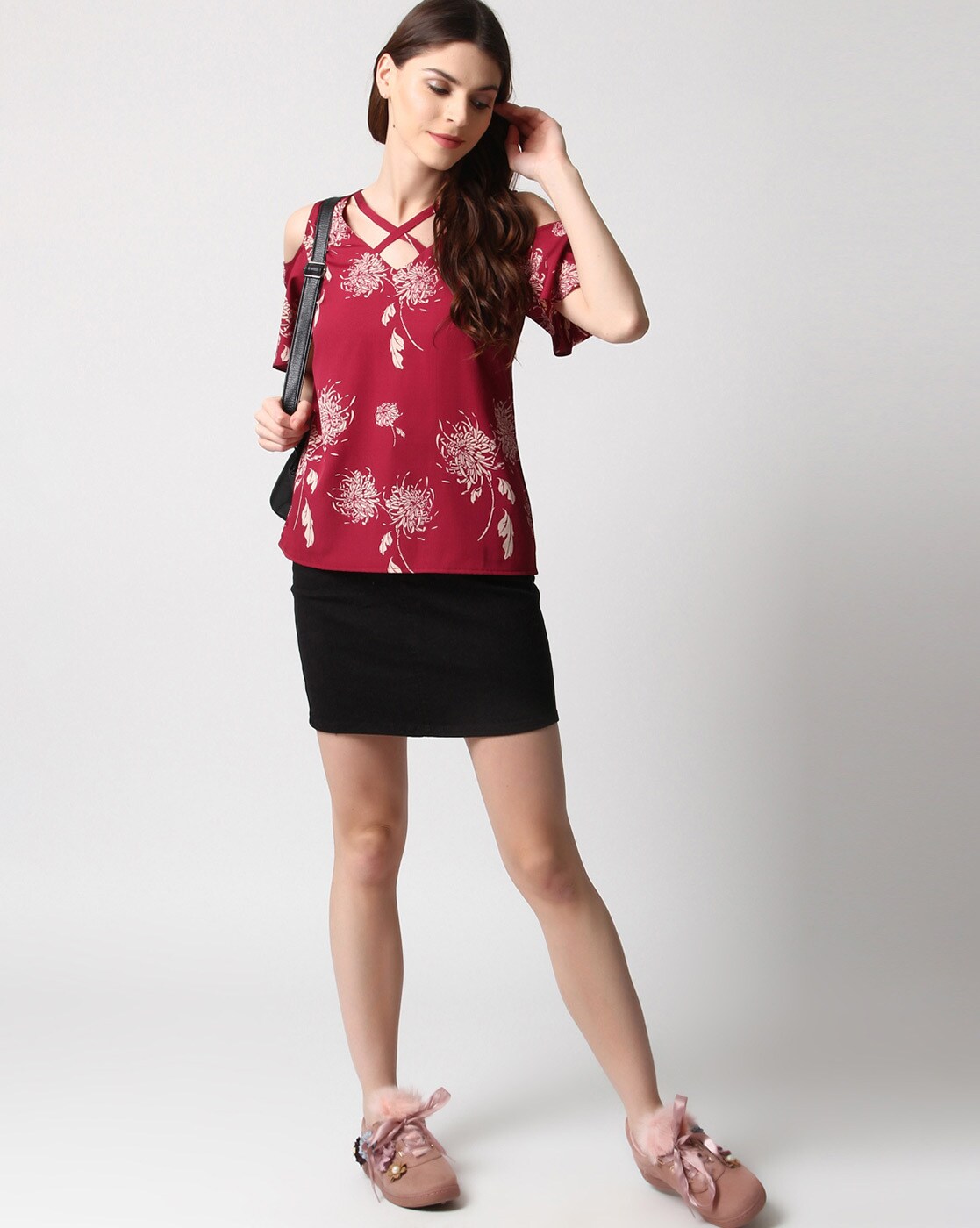 Buy RARE Maroon Floral Top With Cuffed Sleeves - Tops for Women 12364798