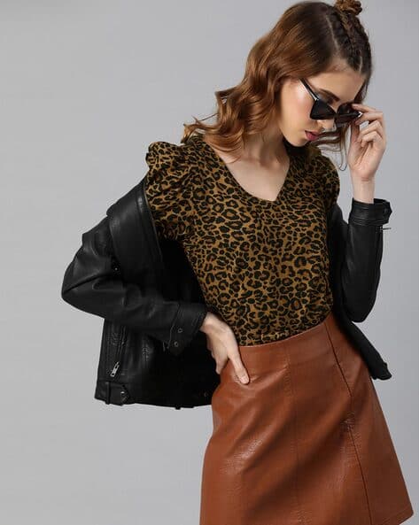 Animal Print Top with Puff Sleeves