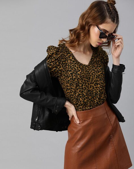 Animal Print Top with Puff Sleeves