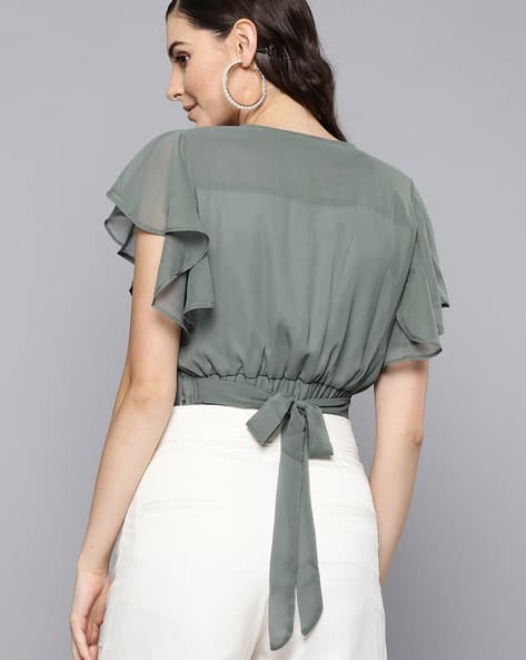 Wrap Blouson Top with Bell Sleeves (Image - 1)