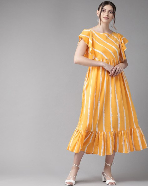 Striped A-line Dress with Flared Sleeves