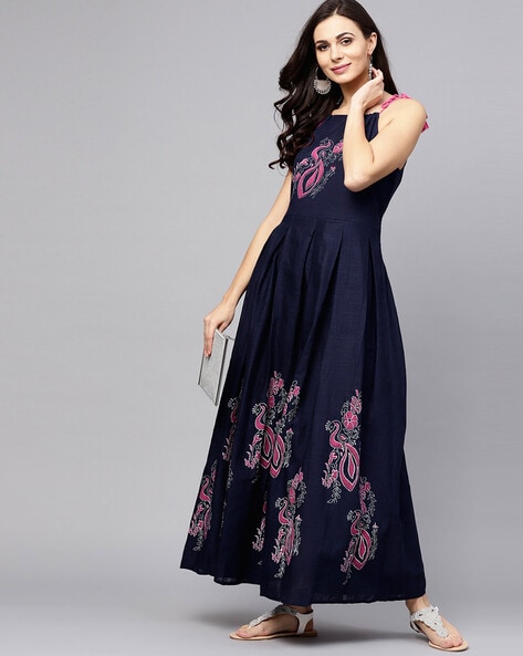 Printed Gown Dress with Inverted Pleats