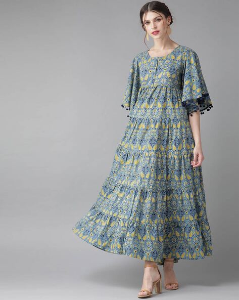 Floral Print Gown Dress with Pom-Poms