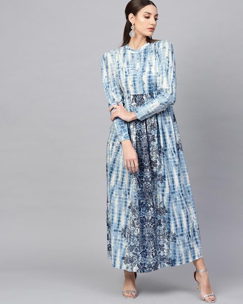 Tie & Dye A-line Dress with Floral Embroidery