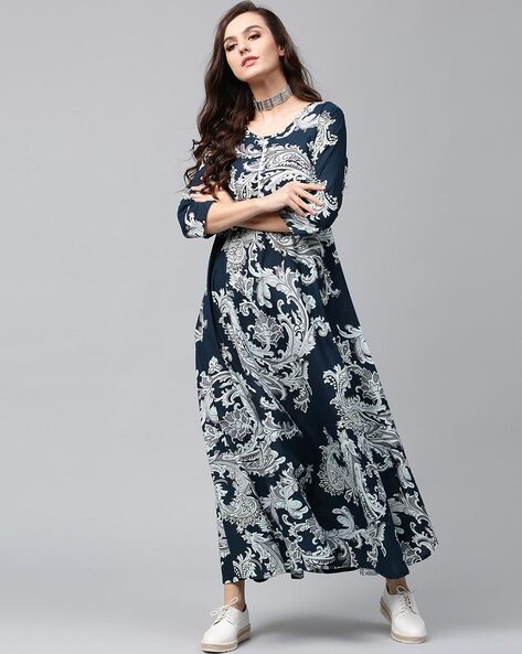 Printed Round-Neck Gown Dress