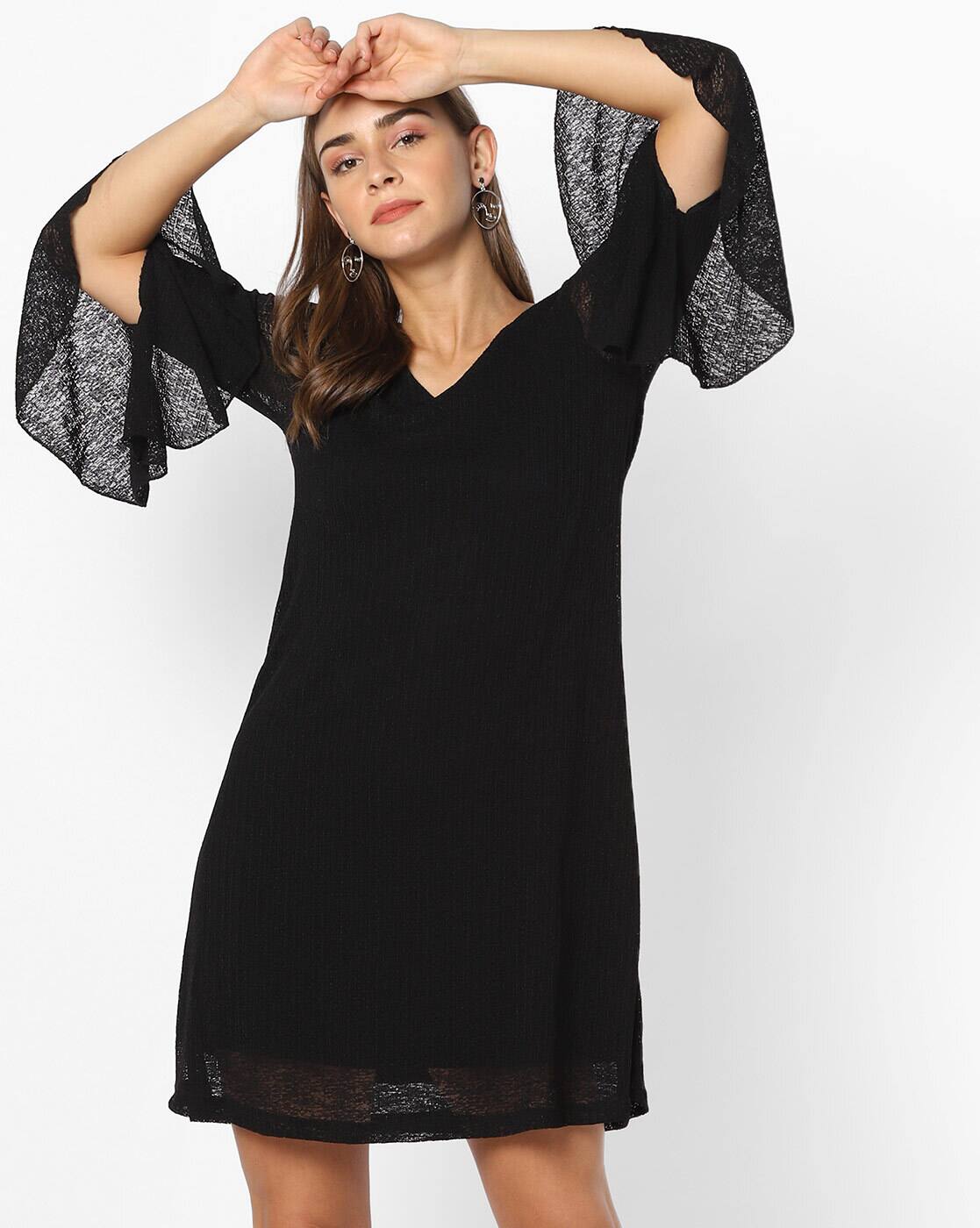 black v neck shift dress with sleeves