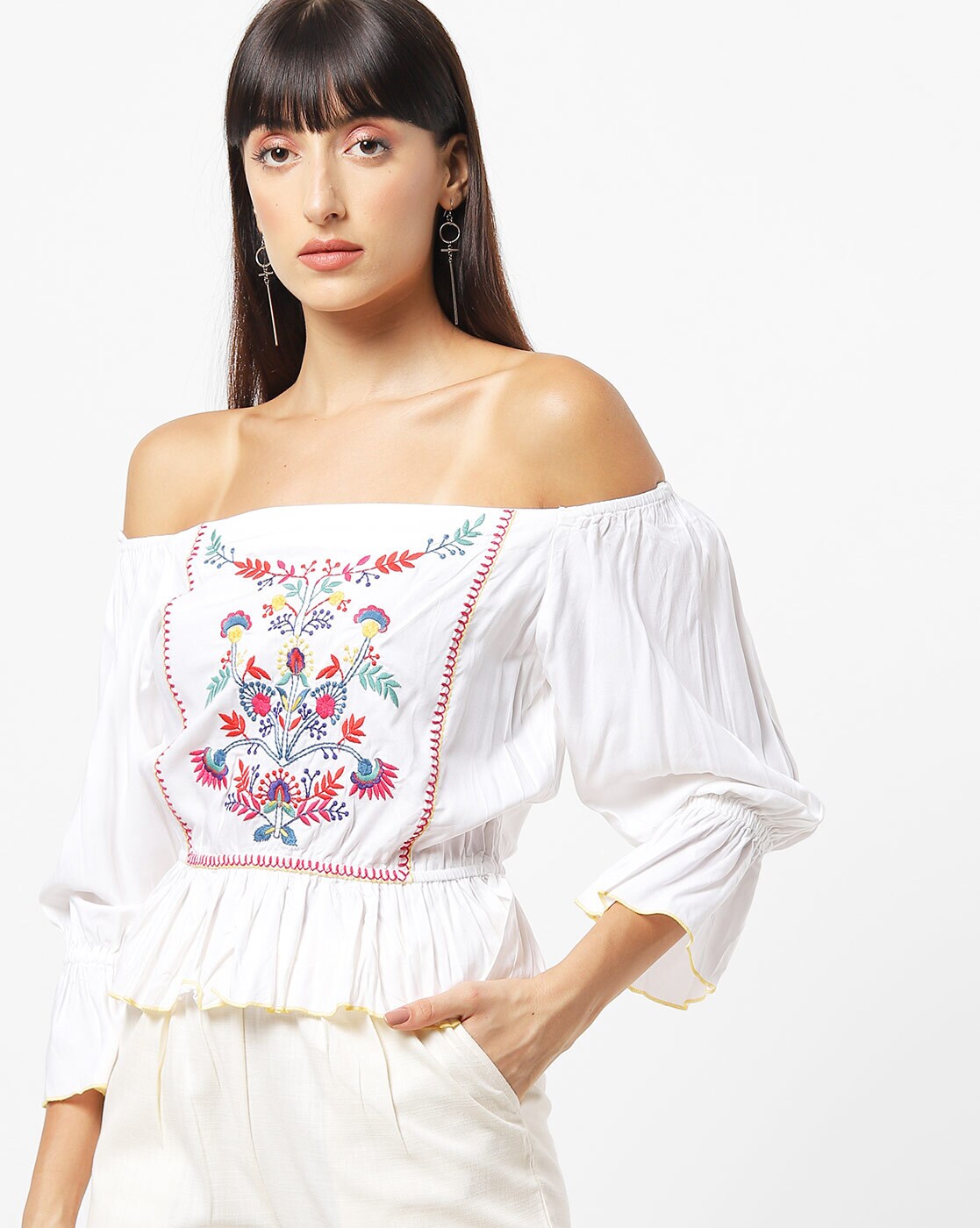 white off the shoulder embroidered top