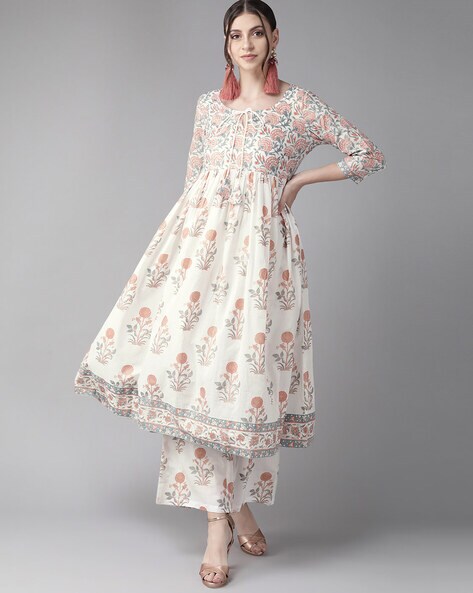 Floral Print Anarkali Kurta with Tie-Up