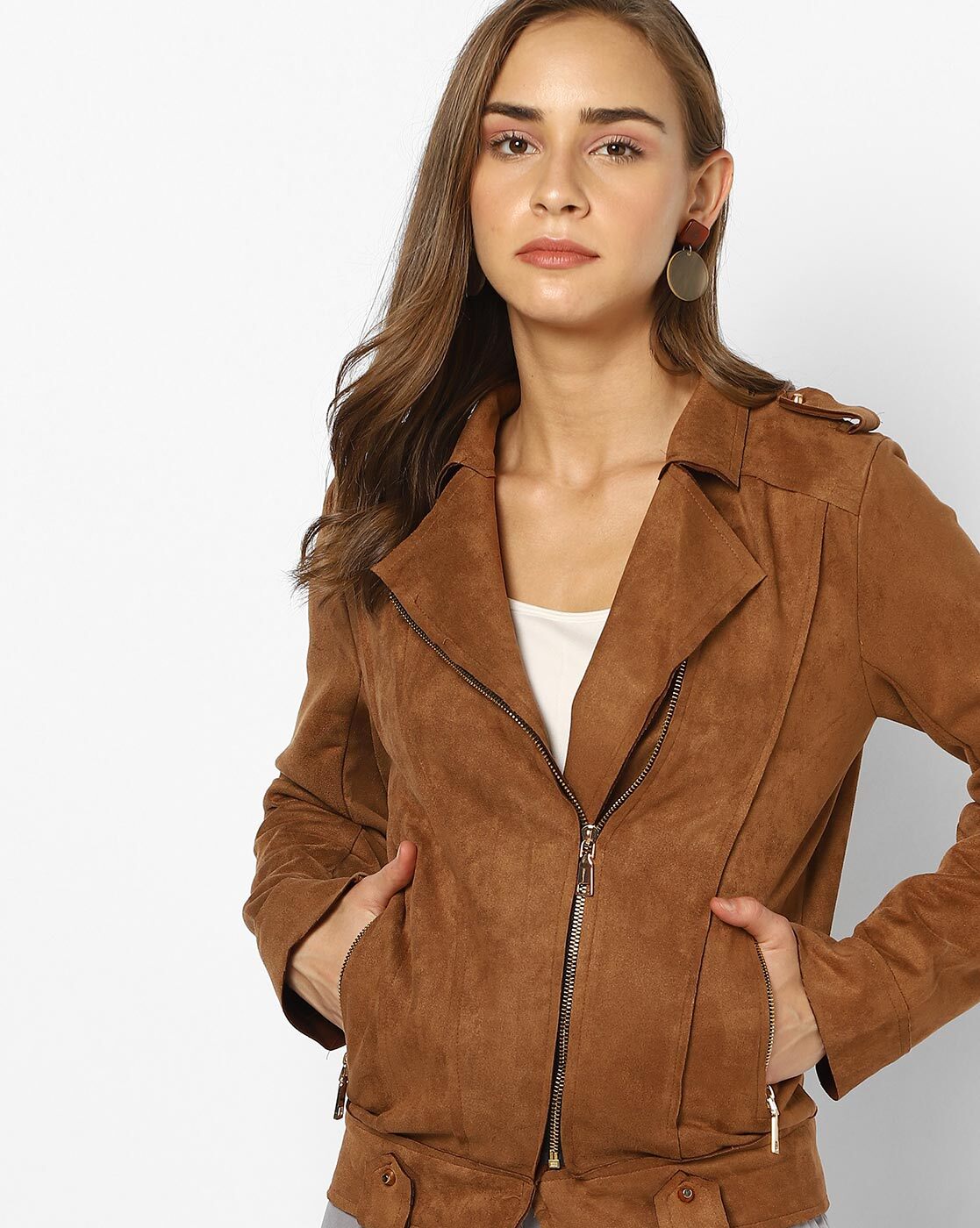 Buy Women Tan Faux Suede Biker Jacket - WinterWear Online India - FabAlley