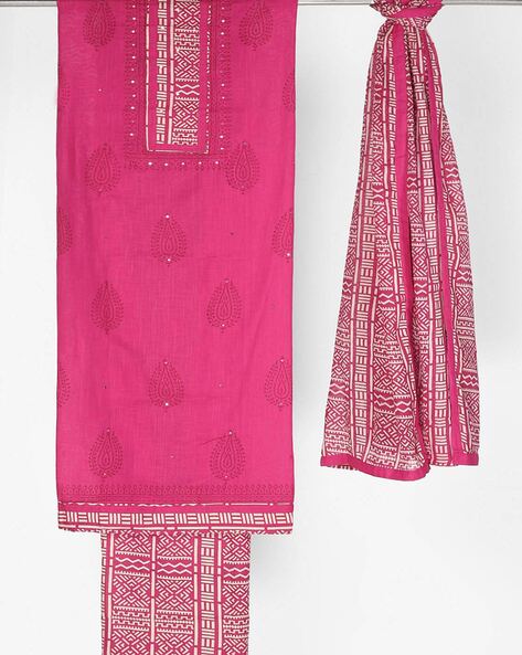 Block Print 3-piece Dress Material Price in India