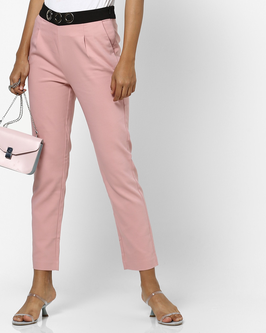 Women Solid Dusty Pink Mid Rise Linen Pencil Pants