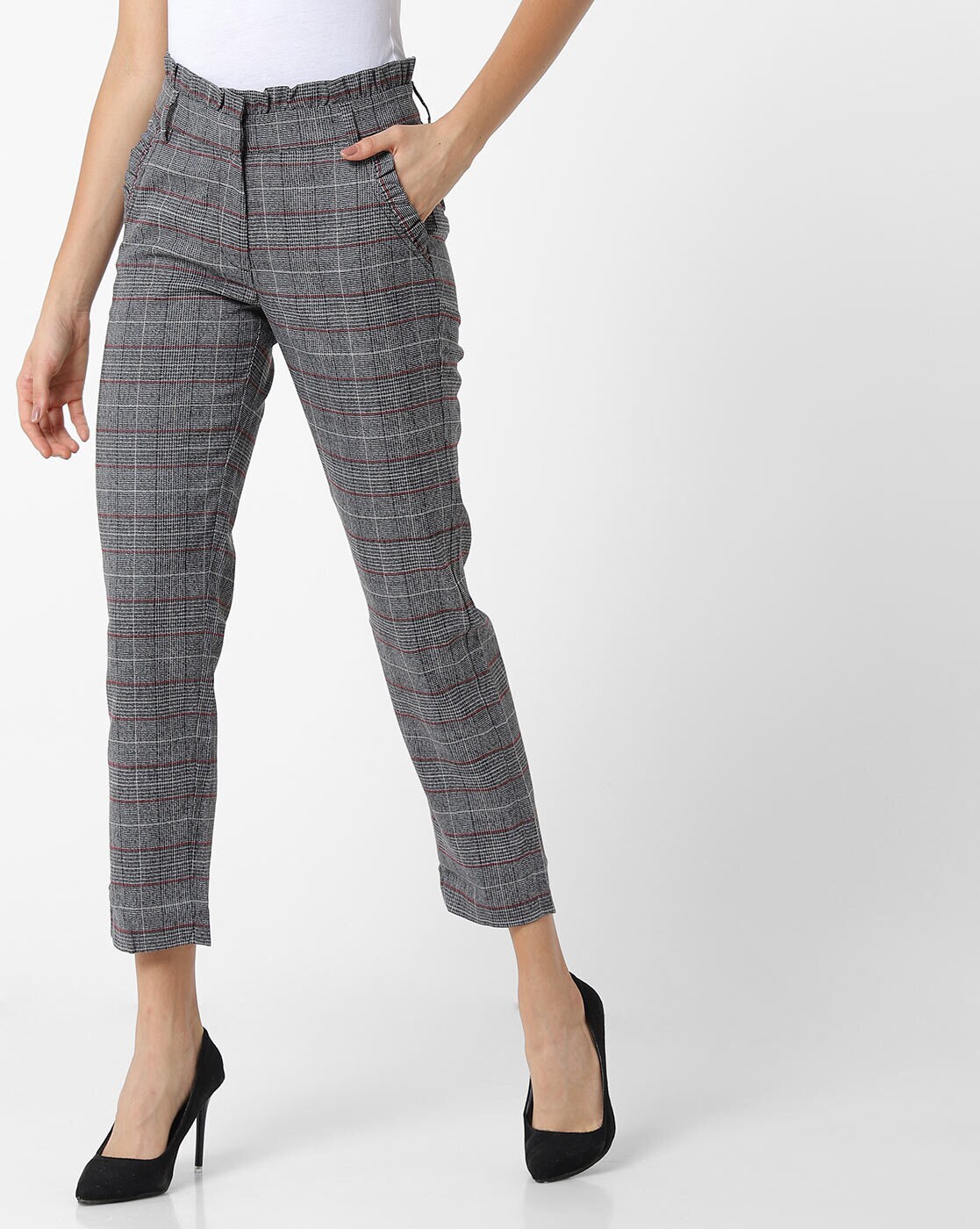 Cropped glen plaid trousers Woman, Grey | TWINSET Milano
