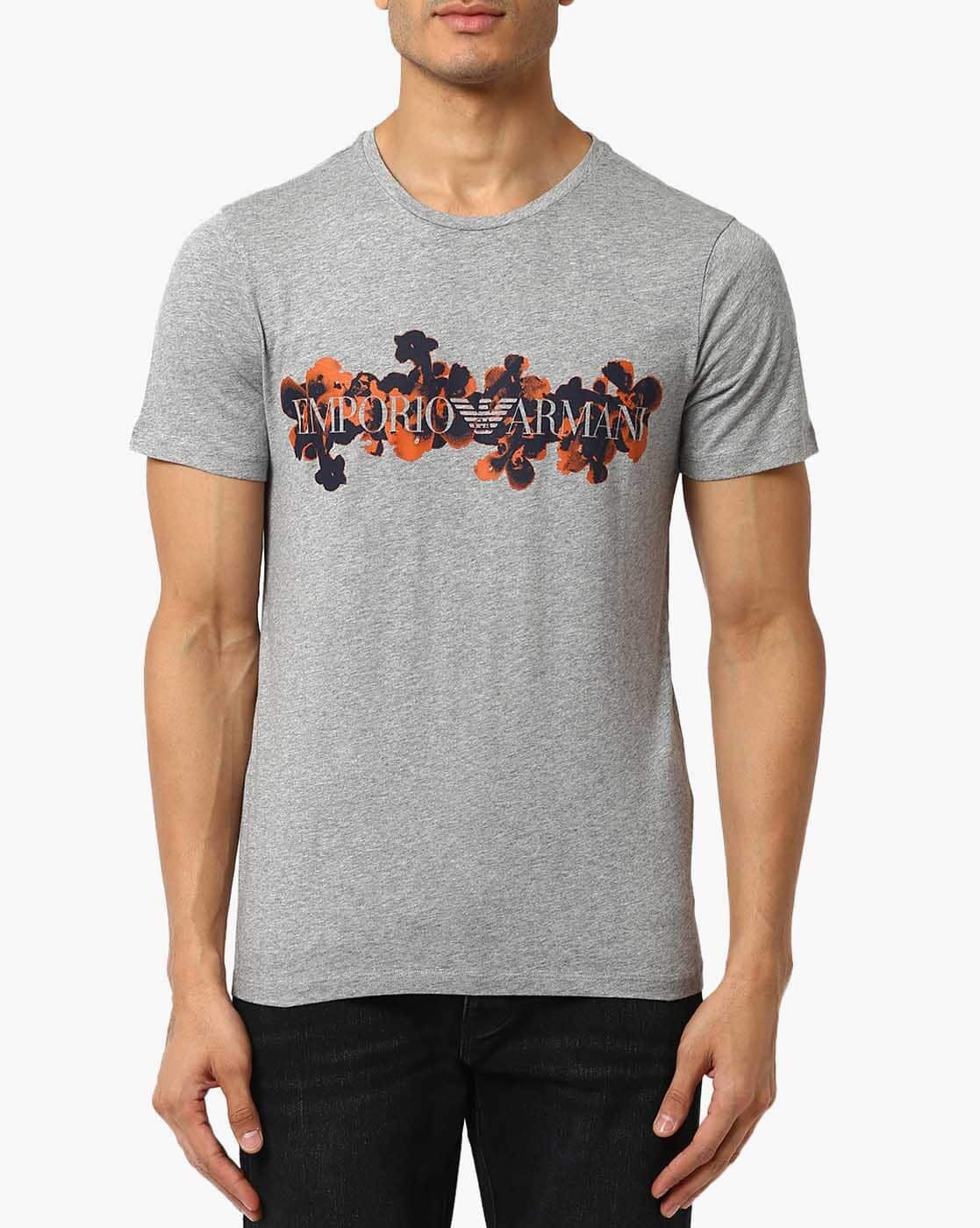 Buy EMPORIO ARMANI Printed Cotton Regular Fit T-Shirt Grey Color