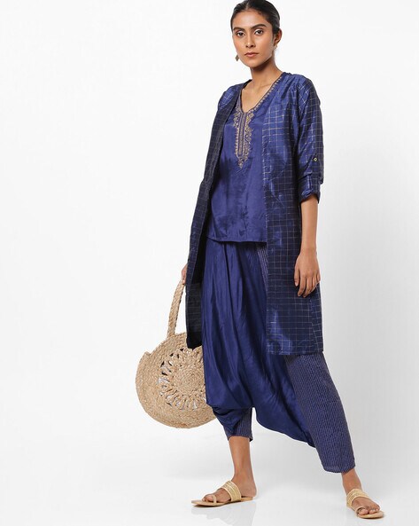 Buy online Royalblue Polyester Blend Kurta Pyjama Set from