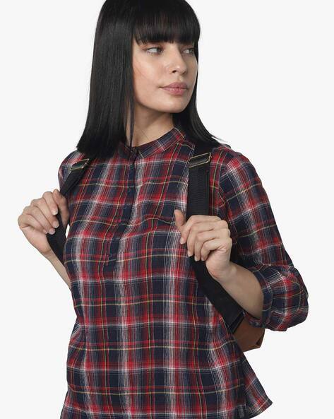 Checked Top with Mandarin Collar